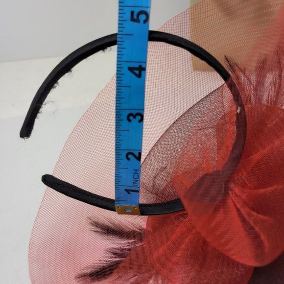 Red and Black Headband Fascinator with Black and Red Rosettes Black Feathers - Picture 9 of 11